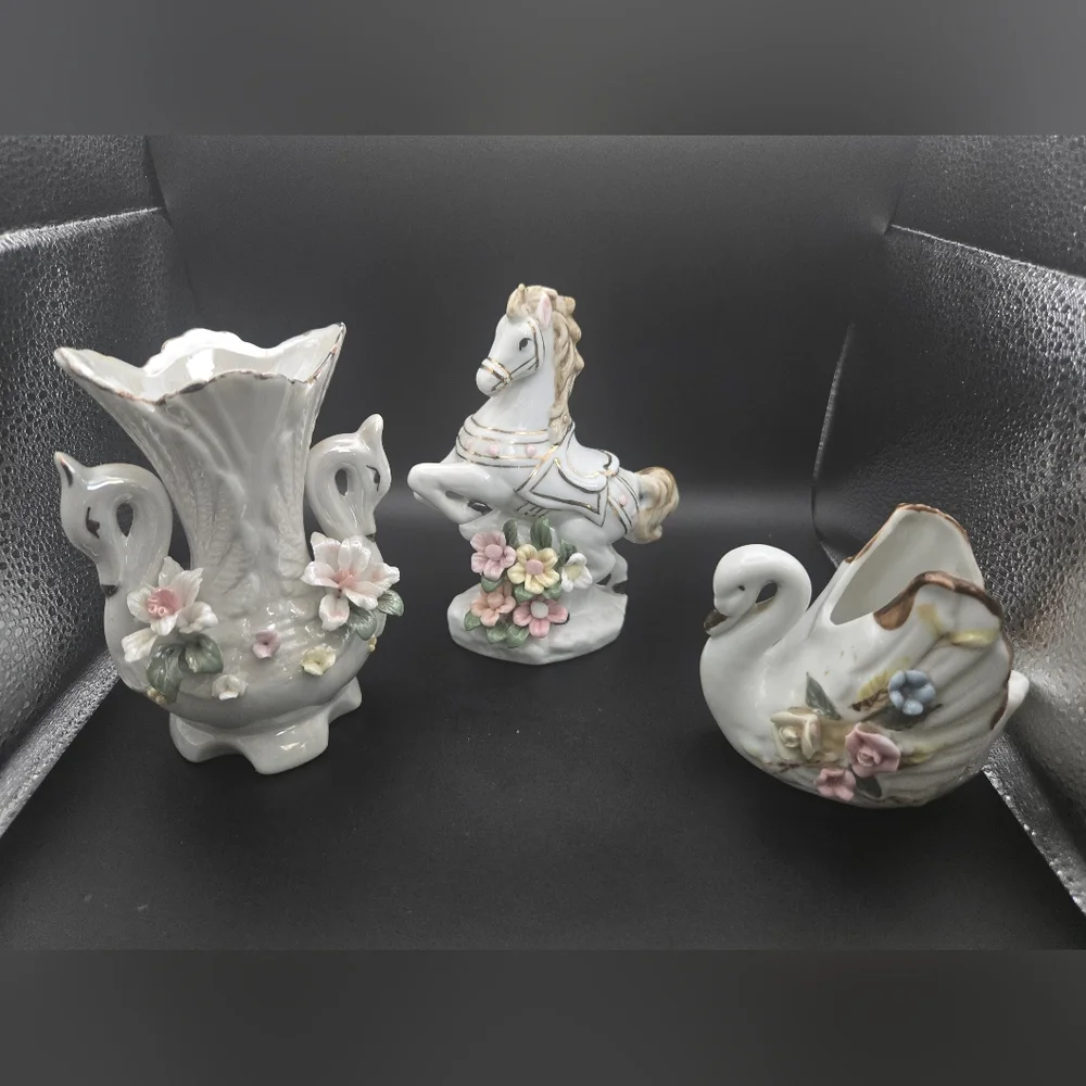 Porcelain Swan and Horse Figurines with Floral Accents Vintage